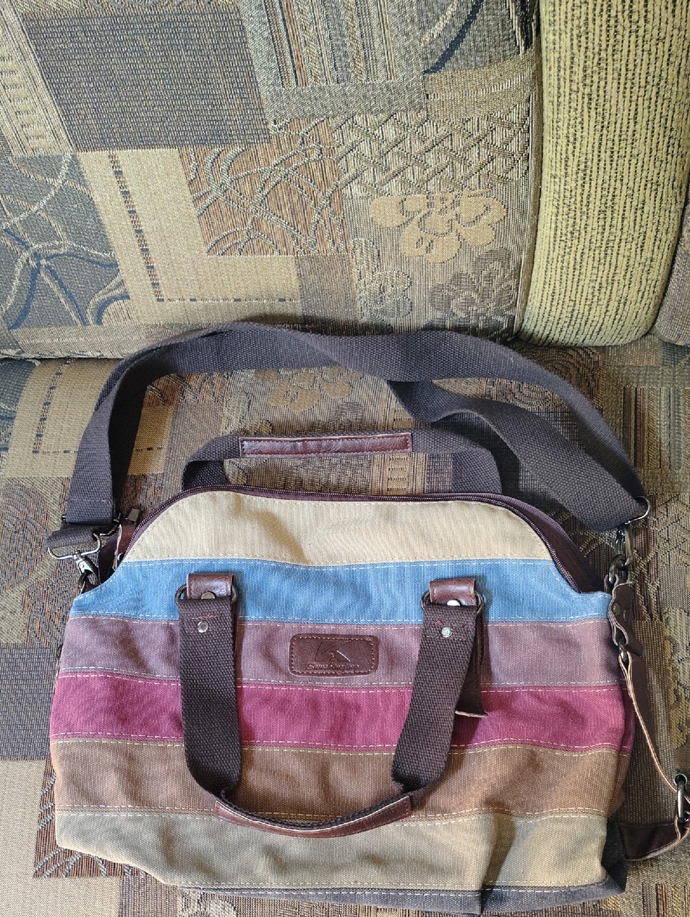 Striped Canvas Shoulder Bag in Cream, Blue, Pink and Brown